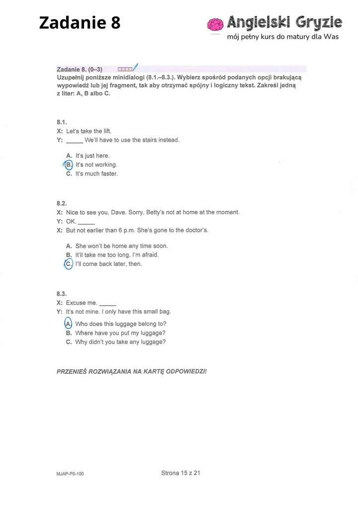 Fragment arkusza maturalnego z języka angielskiego – zadanie z gramatyki z pytaniami wielokrotnego wyboru.