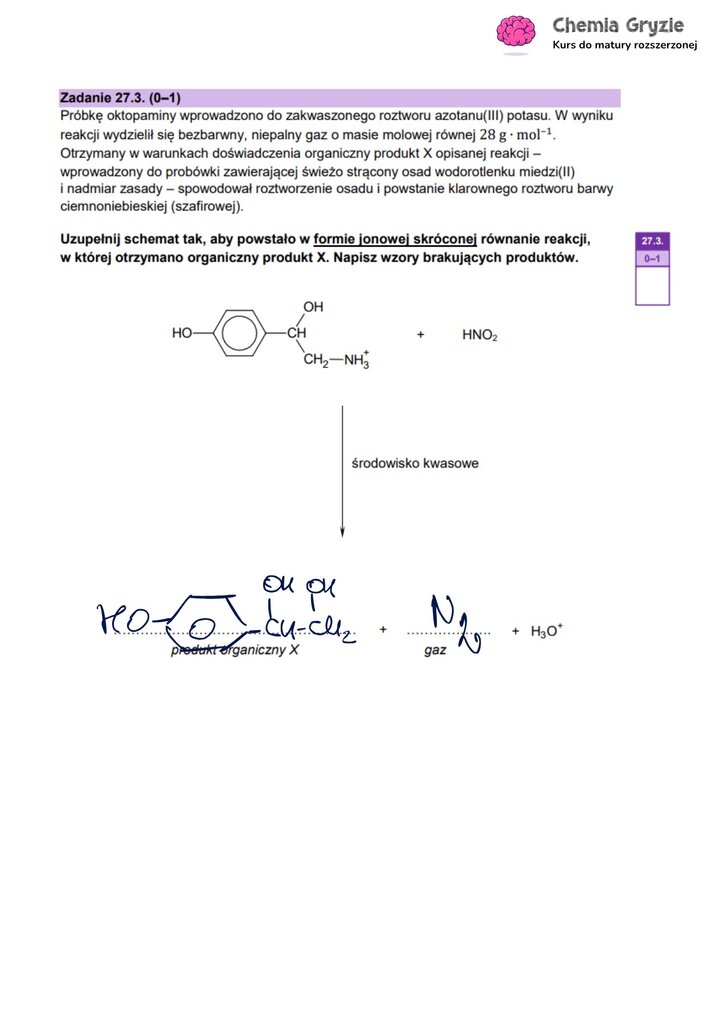 Zadanie maturalne z chemii (27.3) z uzupełnionym równaniem reakcji oktopaminy z kwasem azotowym(III).