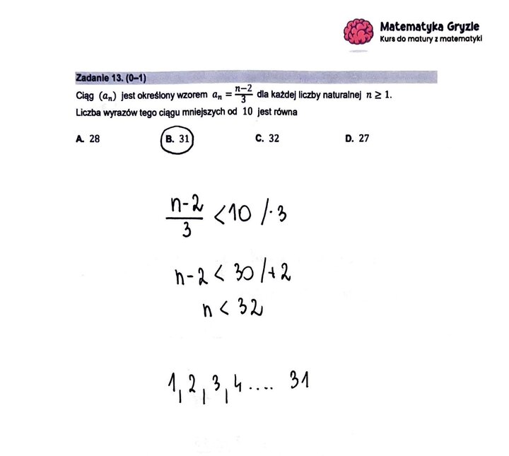 Zadanie z matury podstawowej z matematyki (13) z rozwiązaniem nierówności w celu znalezienia liczby wyrazów ciągu mniejszych od 10.