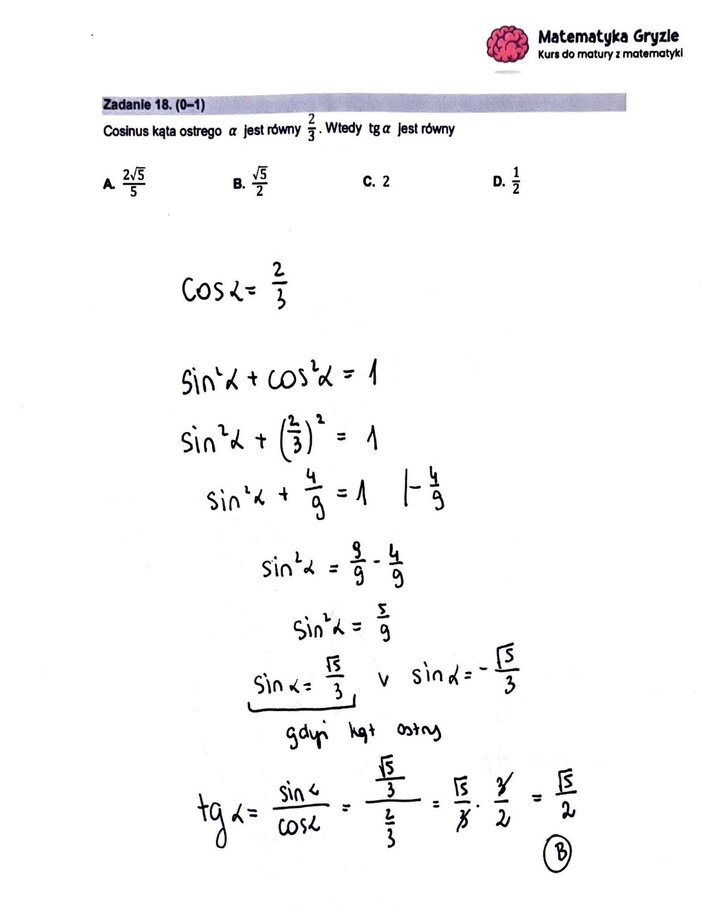 Zadanie z matury podstawowej z matematyki (18) z rozwiązanym zadaniem na obliczanie wartości tangensa na podstawie cosinusa.