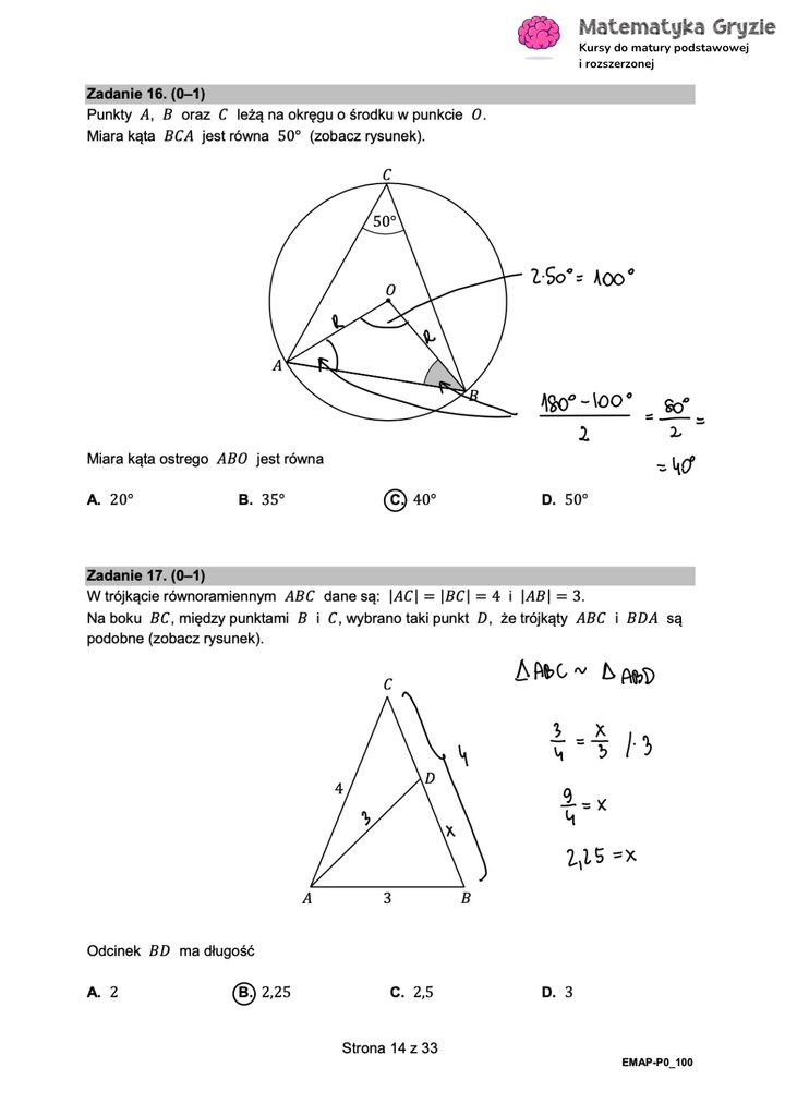 Fragment arkusza maturalnego  z matematyki podstawowej - zadania z użyciem własności kątów w okręgu.