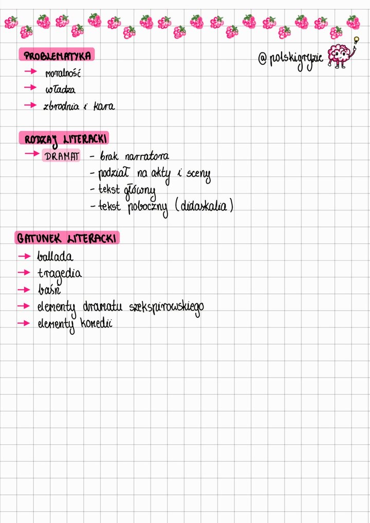 Balladyna problematyka lektury: moralność, władza, zbrodnia i kara; rodzaj literacki dramatu (brak narratora, podział na akty i sceny, didaskalia); gatunek literacki: ballada, tragedia, baśń, elementy dramatu szekspirowskiego i komedii.