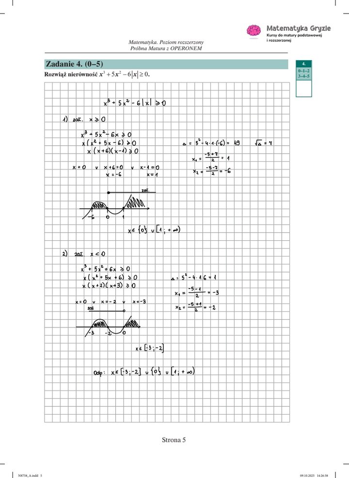 Zdjęcie kartki papieru z odręcznymi rozwiązaniami zadań z próbnego egzaminu maturalnego z matematyki Operon (poziom rozszerzony). Widoczne wzory, obliczenia i zaznaczone wyniki.
