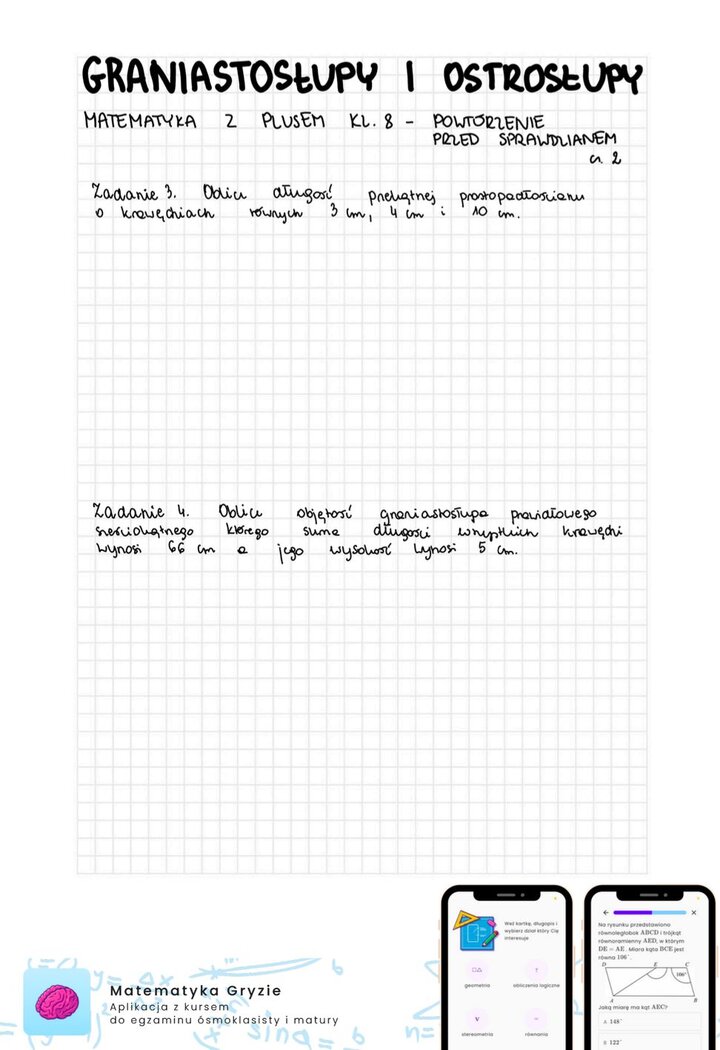 Zadania na sprawdzian GWO matematyka z plusem klasa 8 - graniastosłupy i ostrosłupy