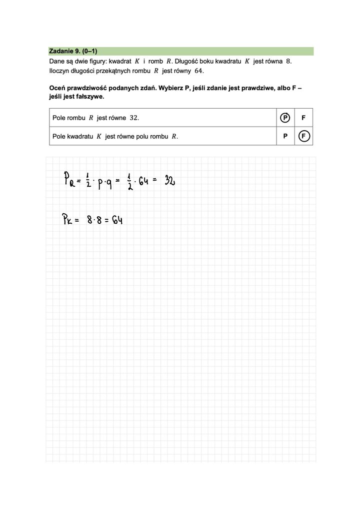 Fragment arkusza do egzaminu ósmoklasisty z matematyki - zadanie prawda/fałsz z zastosowaniem własności figur geometrycznych.