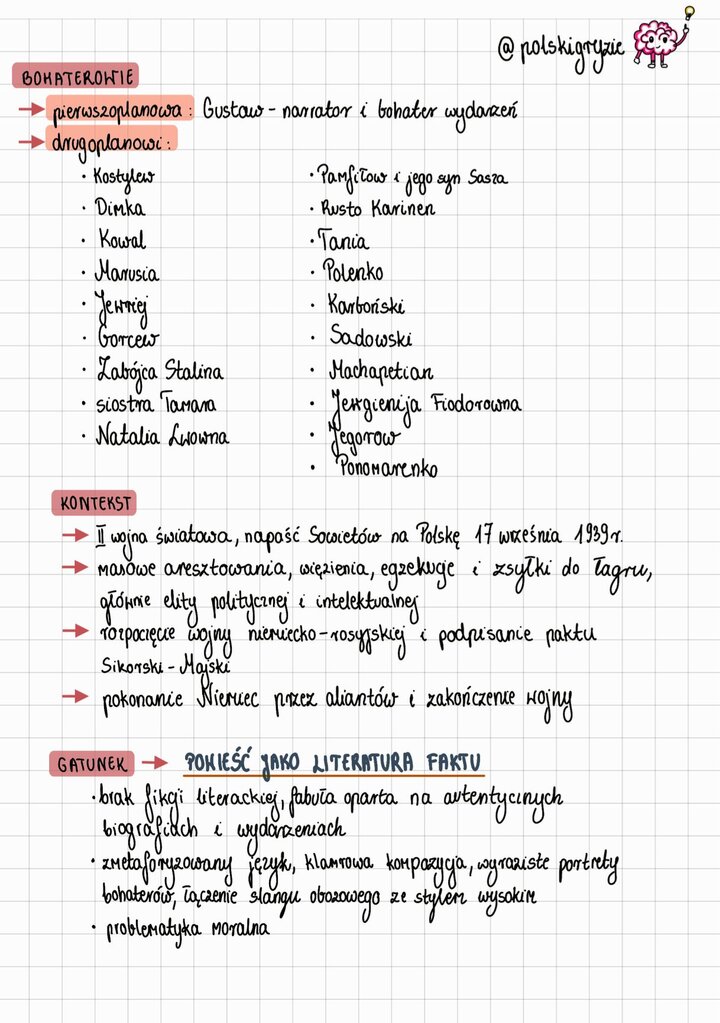 Schematyczny rysunek mózgu z podniesionym palcem wskazującym na zapaloną żarówkę, symbolizujący zapamiętywanie kluczowych postaci i kontekstu historycznego 'Innego świata' na potrzeby matury.