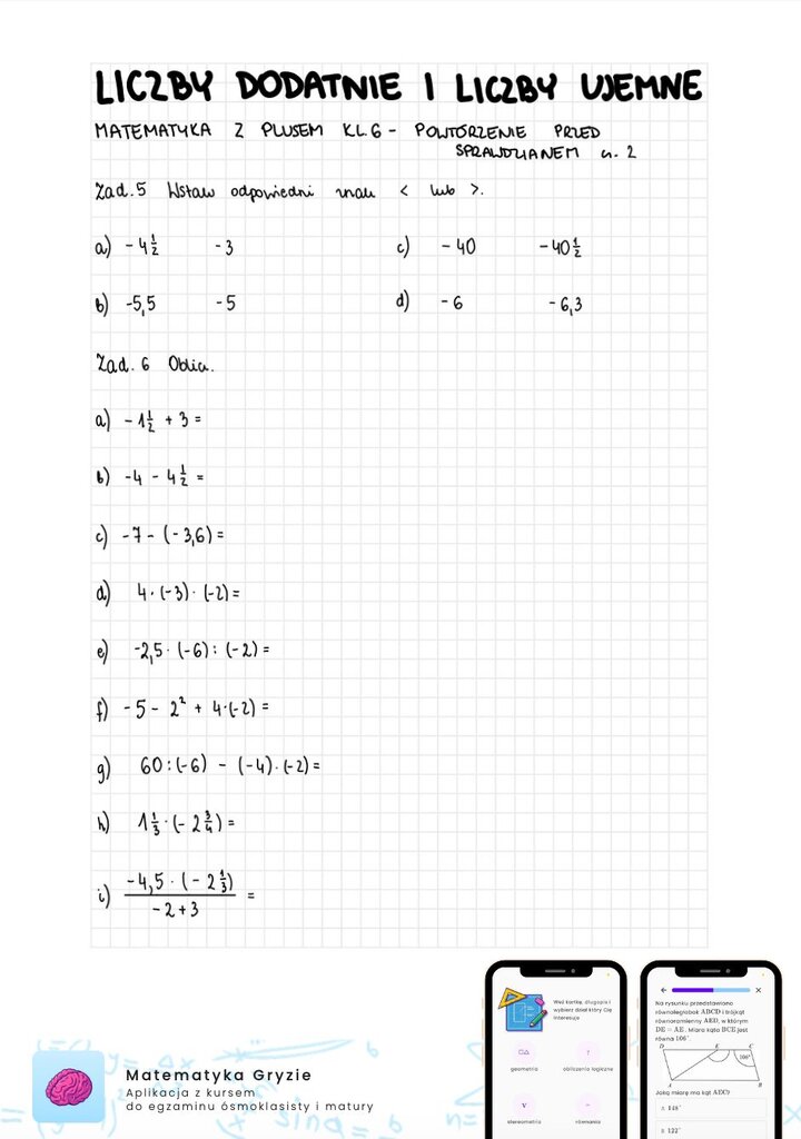 Zadania na sprawdzian GWO matematyka z plusem klasa 6 - liczby dodatnie i liczby ujemne