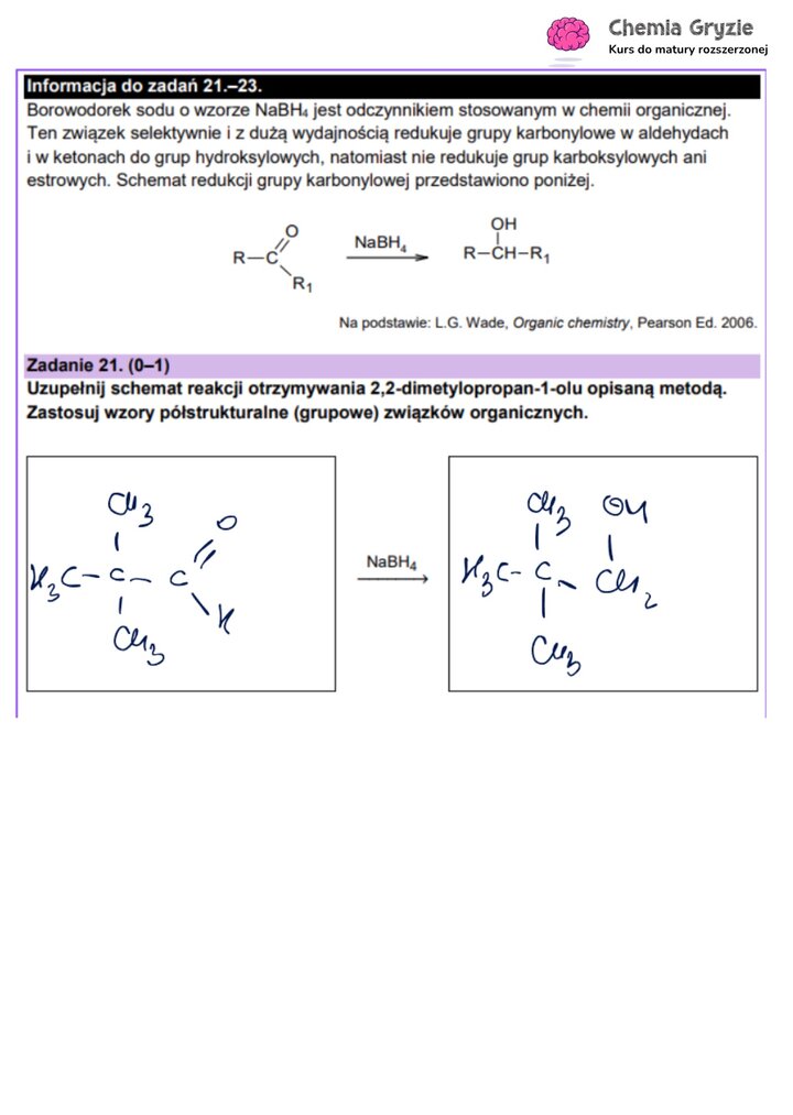 Zadanie maturalne z chemii (21) z uzupełnionym schematem reakcji redukcji aldehydu do alkoholu pierwszorzędowego za pomocą NaBH₄.