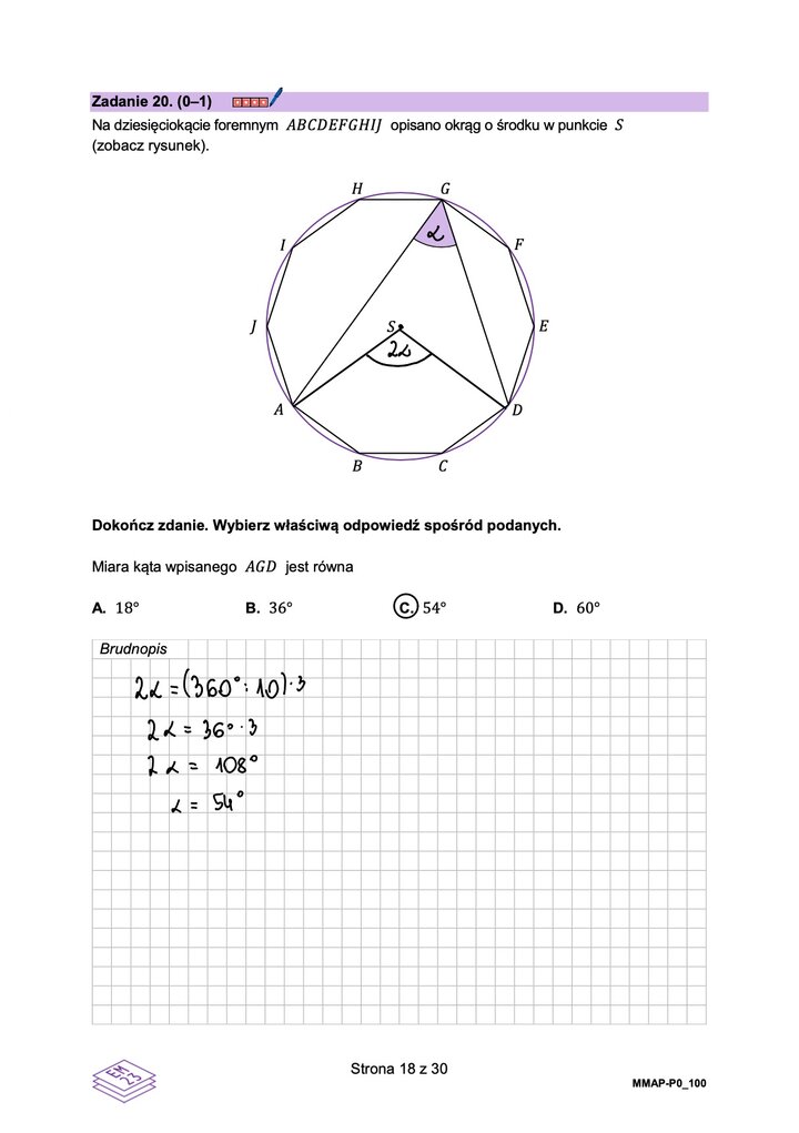 Fragment arkusza maturalnego z matematyki podstawowej - zadanie sprawdzające znajomość własności kątów w okręgu.