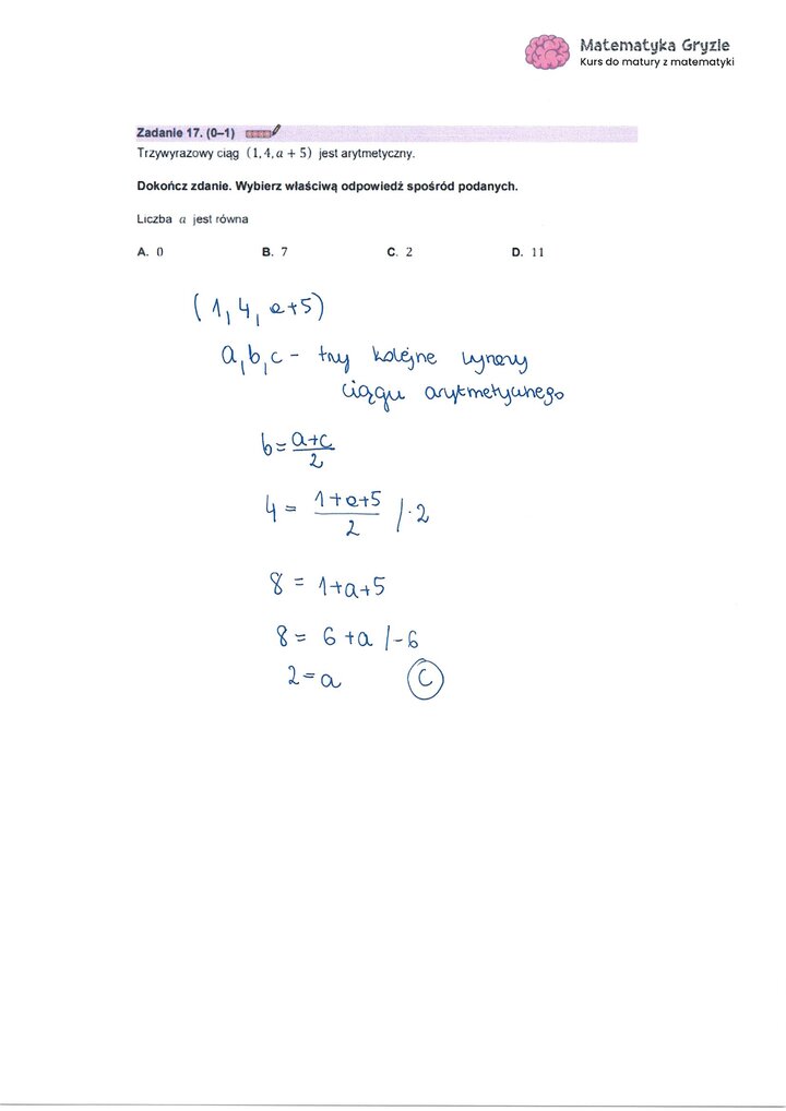 Zadanie z matury z matematyki (17) z rozwiązaniem zadania na wyznaczenie wyrazu ciągu arytmetycznego.