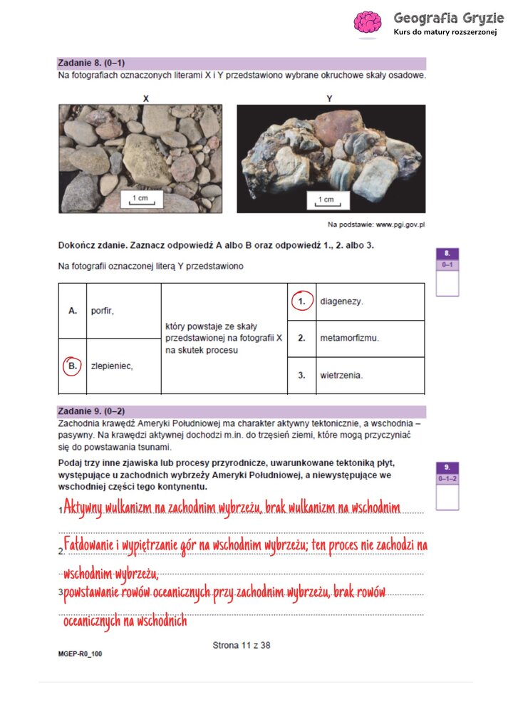 Zadanie maturalne z geografii ze zdjęciami skał osadowych (zlepieńca) oraz pytaniami o tektonikę Ameryki Południowej.