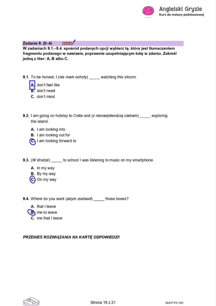 Fragment arkusza maturalnego z języka angielskiego – zadanie z częściowym tłumaczeniem zdań z pytaniami wielokrotnego wyboru.