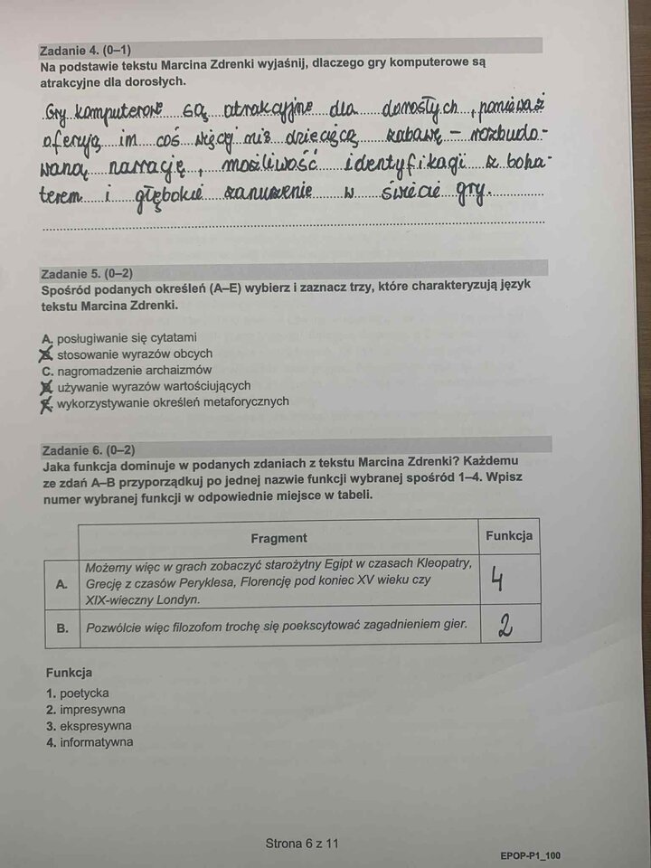 Fragment arkusza egzaminacyjnego z języka polskiego – pytania dotyczące wybranych lektur obowiązkowych.