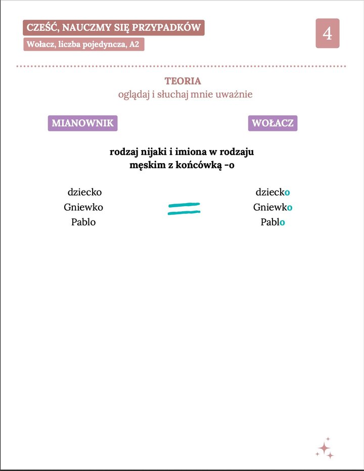 Zasady wołacza dla rodzaju nijakiego oraz specyficznych imion męskich zakończonych na -o. Przykłady pokazują, że wołacz jest identyczny z mianownikiem dla słów: dziecko, Gniewko, Pablo. Minimalistyczna strona z teorią gramatyczną dla poziomu A2.