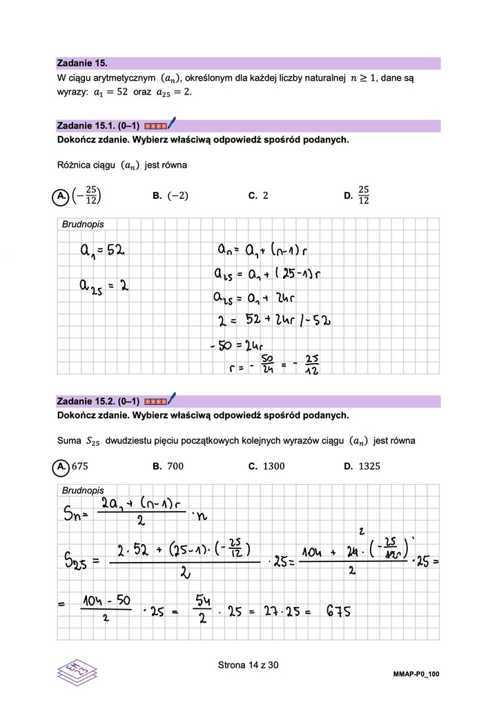 Fragment arkusza maturalnego z matematyki podstawowej - zadania do rozwiązania na podstawie własności ciągów.