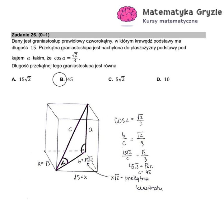 Fragment arkusza maturalnego z matematyki podstawowej - wyznaczanie długości przekątnej graniastosłupa.