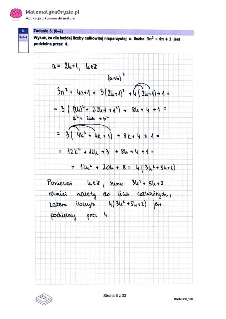 Fragment arkusza maturalnego z matematyki podstawowej - zadanie dowodowe z użyciem wzorów skróconego mnożenia.