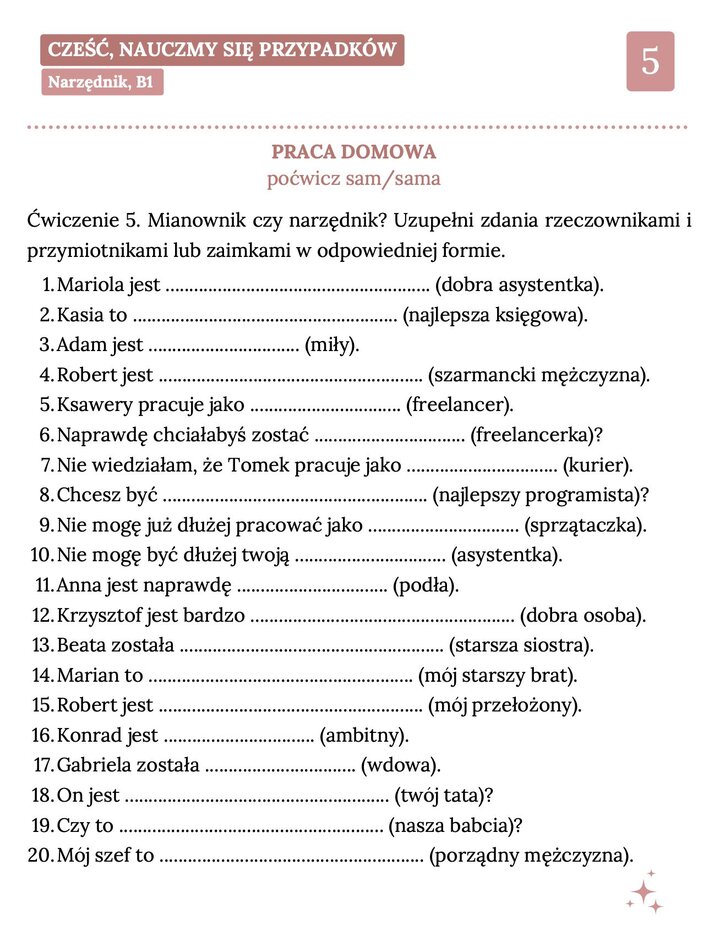 Zaawansowane ćwiczenie porównawcze: mianownik kontra narzędnik. Tabela zawiera przykłady użycia rzeczowników i przymiotników po strukturach „jest” oraz „to”