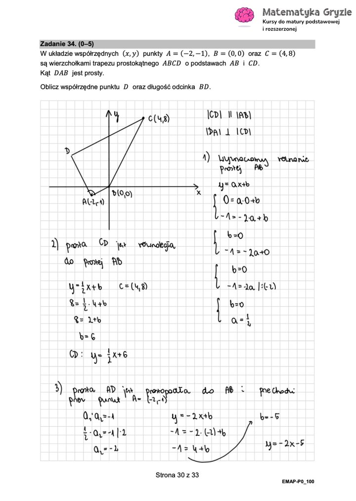 Fragment arkusza maturalnego  z matematyki podstawowej - zadanie z zastosowaniem własności geometrii analitycznej.