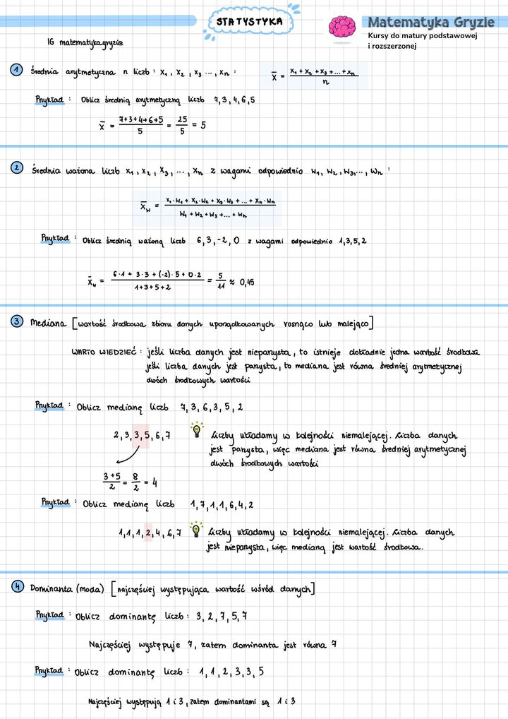 Notatka do szkoły średniej z najważniejszymi wzorami i zagadnieniami z tematu statystyka w matematyce.