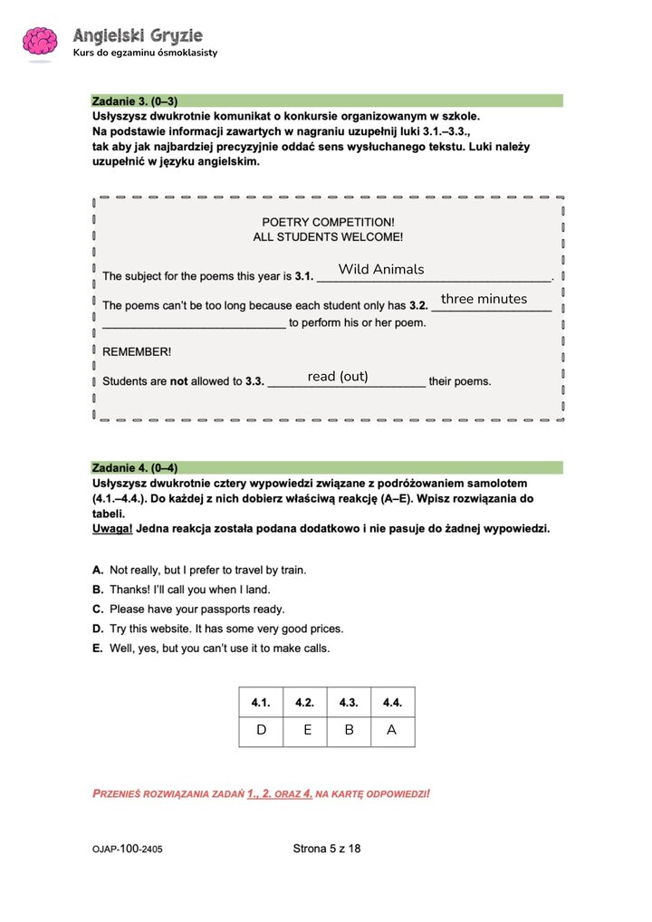 zadanie 3, 4 egzamin ósmoklasisty CKE język angielski