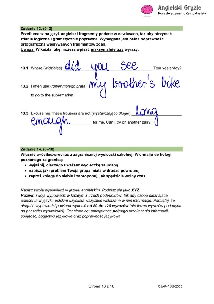 Zadania z egzaminu ósmoklasisty z angielskiego (13-14): tłumaczenie fragmentów zdań i polecenie napisania e-maila.