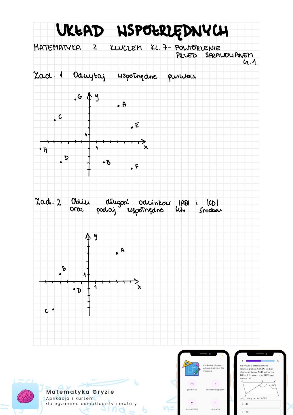 Zadania na sprawdzian matematyka z kluczem klasa 7 - układ współrzędnych