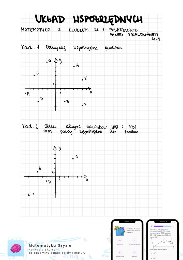 Zadania na sprawdzian matematyka z kluczem klasa 7 - układ współrzędnych