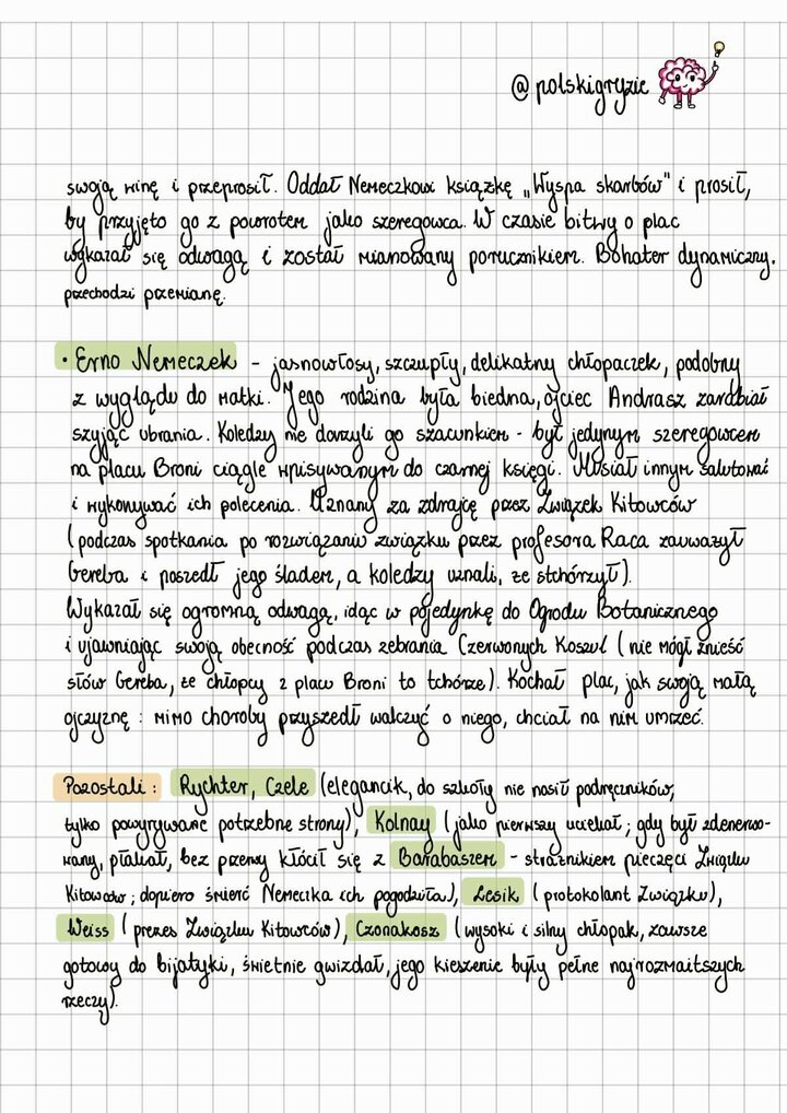 Szczegółowa charakterystyka Erno Nemeczka – wygląd, cechy i rola w książce, oraz opis pozostałych członków grupy z Placu Broni (m.in. Czele, Kolnay, Barabasz).