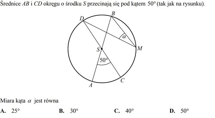 Fragment zadań z pewniakami maturalnymi z matematyki - wyznaczanie miary kąta na podstawie rysunku.
