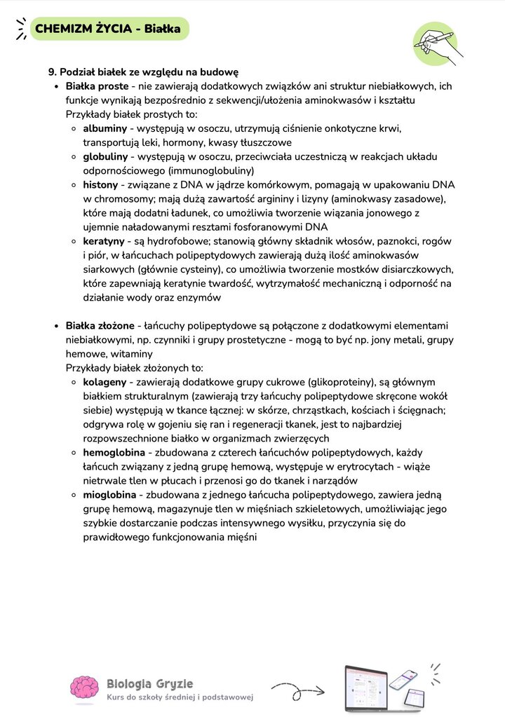 Tabela przedstawiająca podział białek na proste (np. albuminy, keratyny) i złożone (np. kolagen, hemoglobina) wraz z ich funkcjami i przykładami.