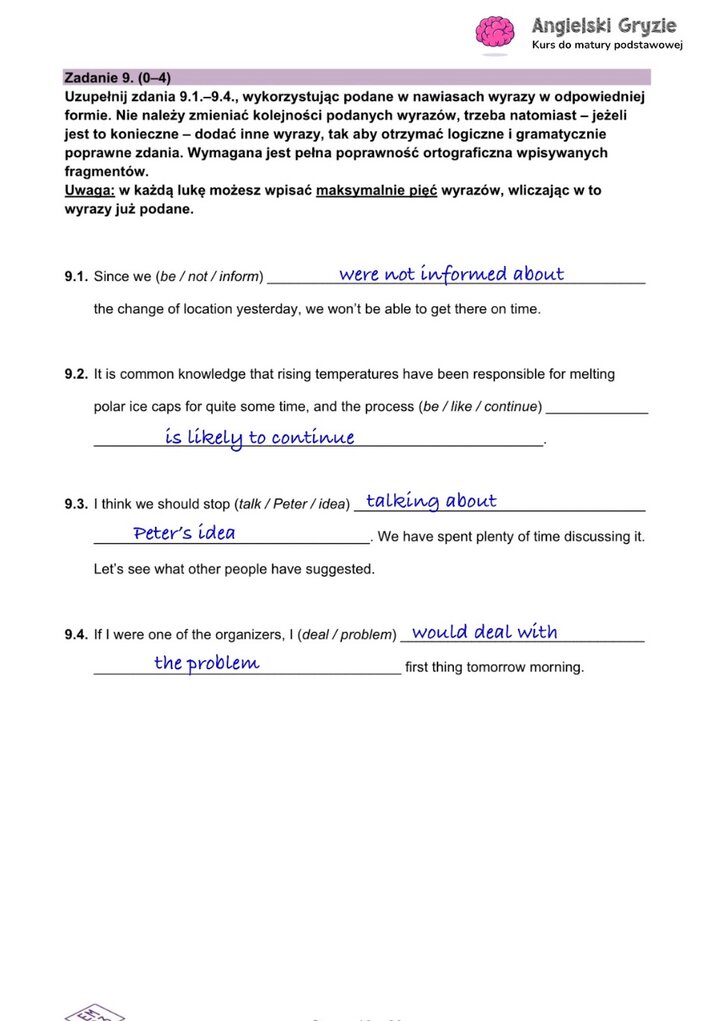 Fragment arkusza maturalnego z języka angielskiego – zadanie z gramatyki do uzupełnienia samodzielnie.