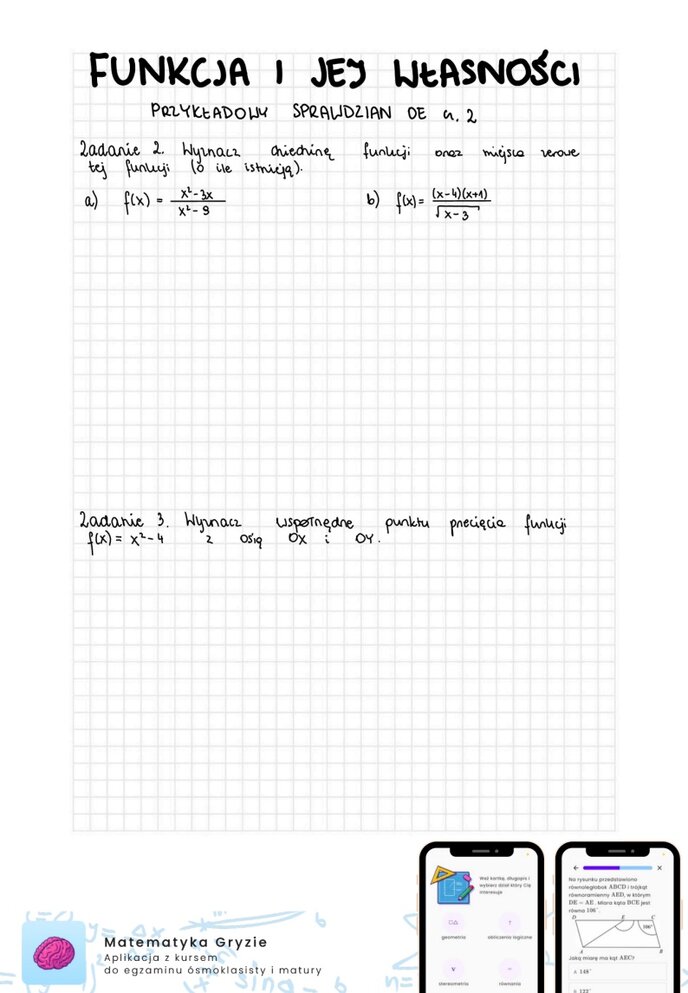 Zadania przygotowujące do sprawdzianu z matematyki z funkcji i jej własności.