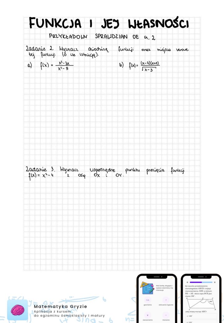 Zadania przygotowujące do sprawdzianu z matematyki z funkcji i jej własności.