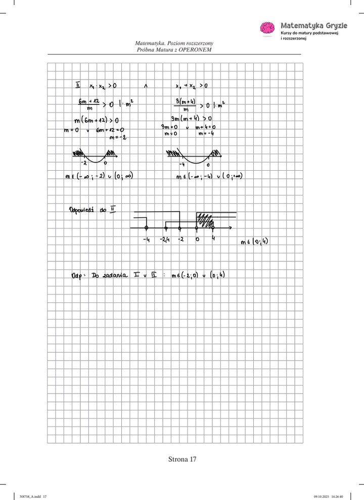 Zdjęcie kartki papieru z odręcznymi rozwiązaniami zadań z próbnego egzaminu maturalnego z matematyki Operon (poziom rozszerzony). Widoczne wzory, obliczenia i zaznaczone wyniki.