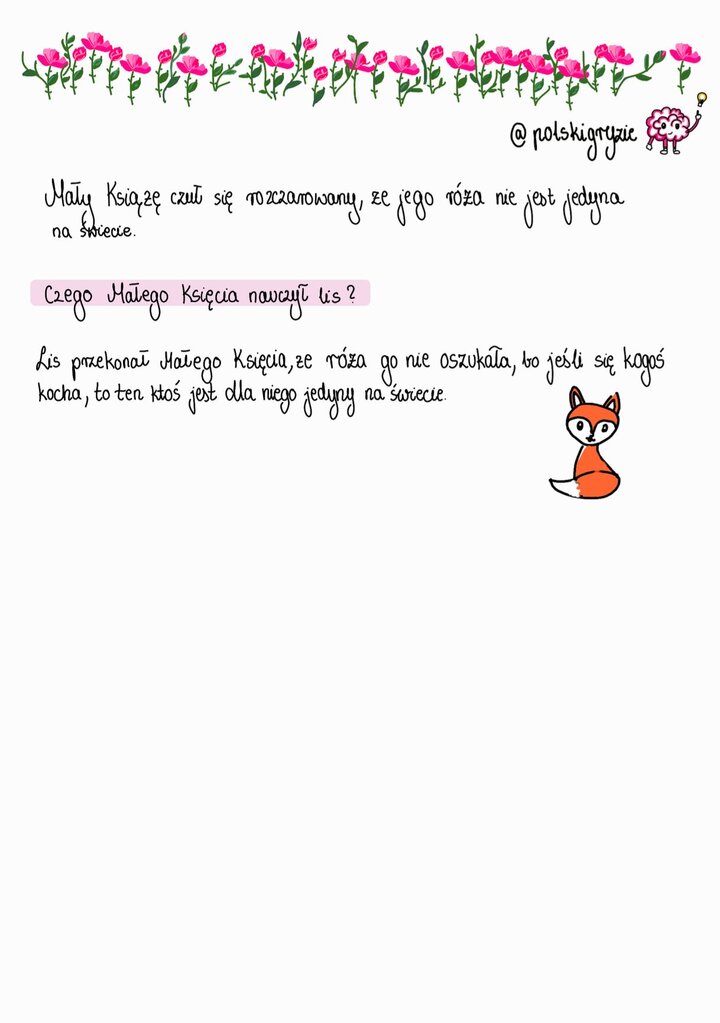 Schematyczny rysunek procesu myślowego lub ilustracja symbolizująca rozwój i przemianę w relacji Małego Księcia z Różą. Grafika zawiera kluczowe etapy: przed rozwinięciem, po rozkwitnięciu i podczas rozstania, opisujące zachowanie Róży wobec Małego Księcia.