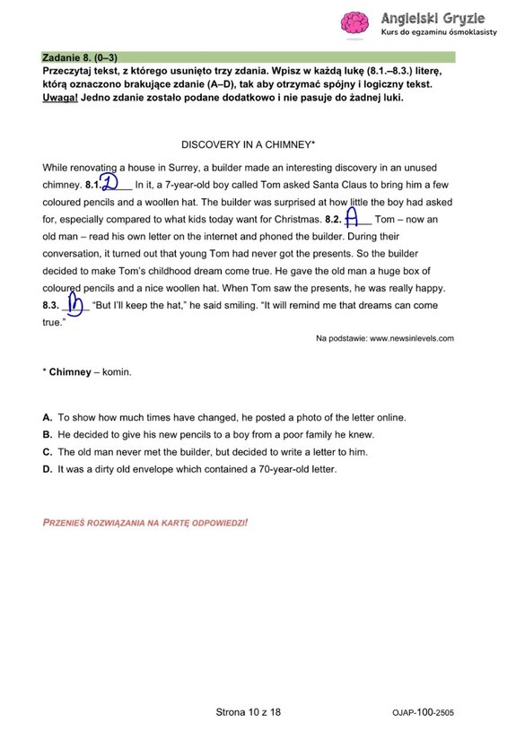 Zadanie z egzaminu ósmoklasisty z angielskiego (8), polegające na uzupełnieniu tekstu brakującymi zdaniami w celu zachowania spójności.