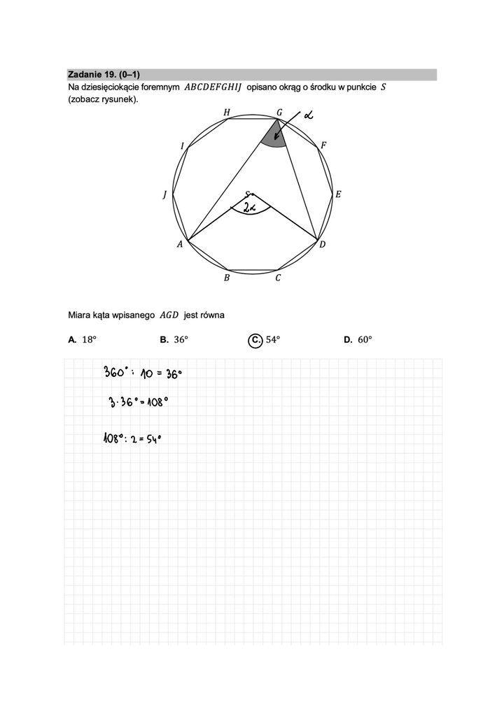 Fragment arkusza maturalnego  z matematyki podstawowej - zadanie z użyciem własności kątów wpisanych w okrąg.