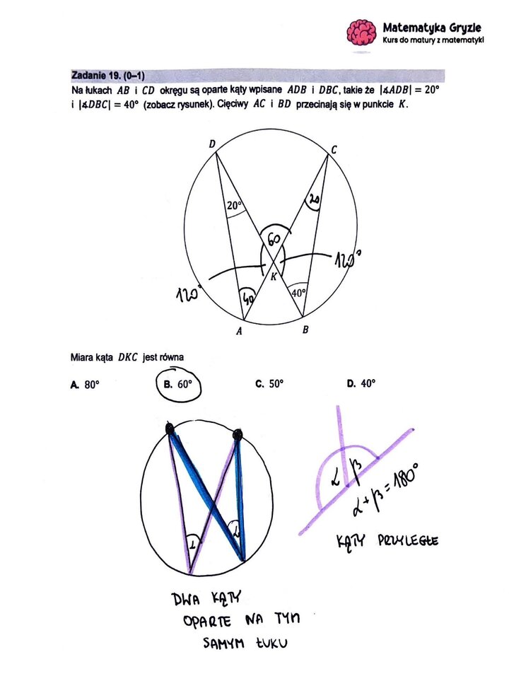 Zadanie z matury podstawowej z matematyki (19) z rozwiązaniem zadania z geometrii analitycznej, dotyczącego kątów w okręgu.