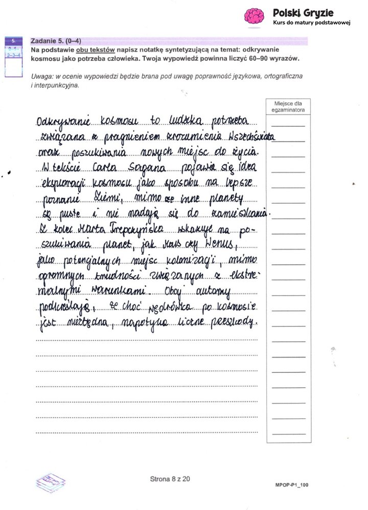 Fragment arkusza egzaminacyjnego z języka polskiego – zadanie z pisania notatki syntetyzującej na podstawie przeczytanego tekstu.