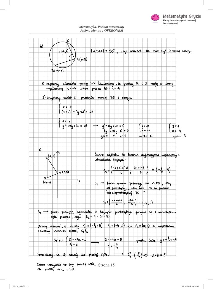 Zdjęcie kartki papieru z odręcznymi rozwiązaniami zadań z próbnego egzaminu maturalnego z matematyki Operon (poziom rozszerzony). Widoczne wzory, obliczenia i zaznaczone wyniki.