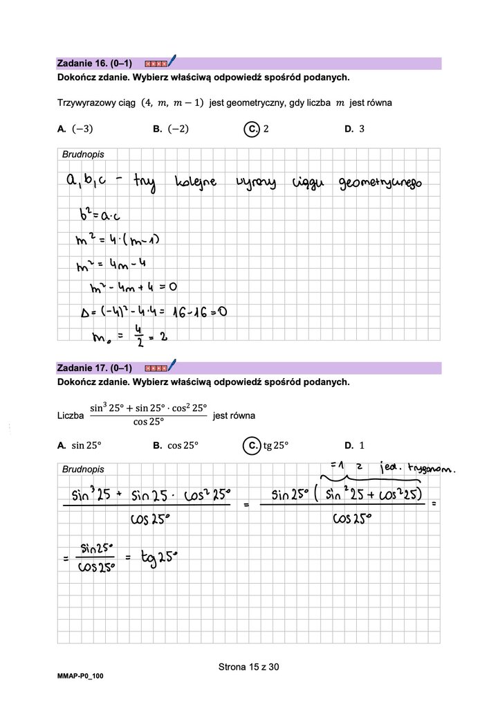 Fragment arkusza maturalnego z matematyki podstawowej - zadania z obliczania wartości trygonometrycznej.