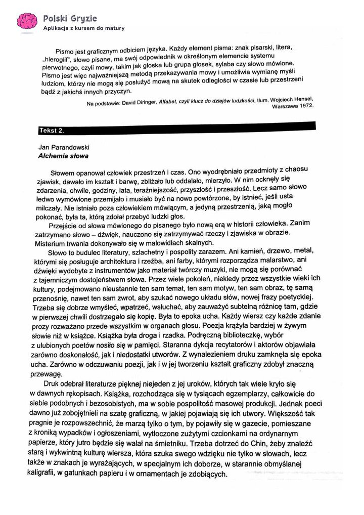 Fragment arkusza maturalnego z języka polskiego – tekst do zadań.