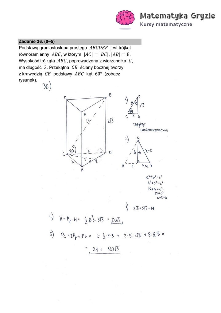 Fragment arkusza maturalnego z matematyki podstawowej - zadanie otwarte ze stereometrii, wyznaczanie objętości i pola.