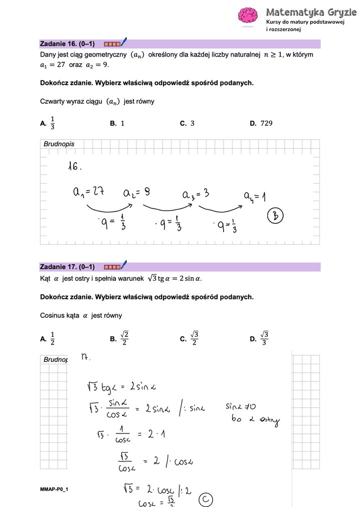 Zadanie maturalne z matematyki (16-17) z rozwiązanymi zadaniami na ciąg geometryczny i trygonometrię.