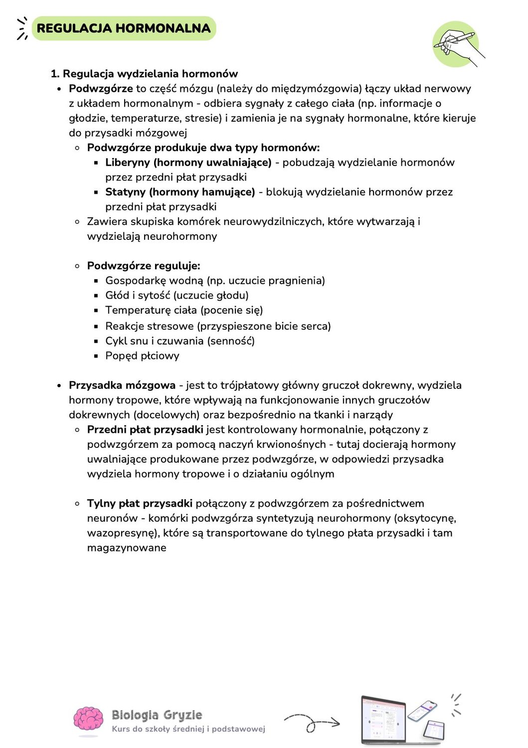 Notatka o regulacji hormonalnej opisująca funkcje podwzgórza i przysadki mózgowej oraz ich rolę w utrzymaniu homeostazy organizmu.