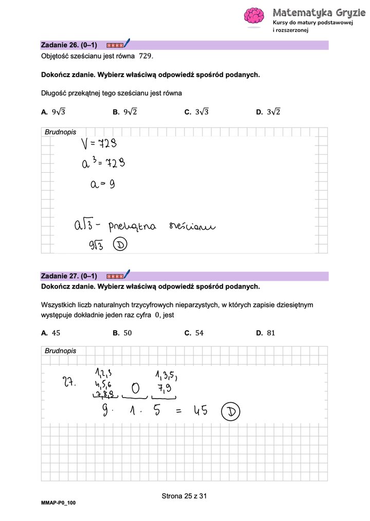 Zadanie maturalne z matematyki (26-27) z zadaniami na obliczenie przekątnej sześcianu i kombinatorykę.