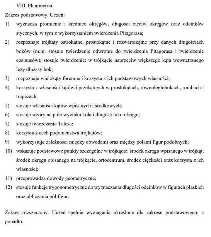 Wymagania edukacyjne na egzamin maturalny z matematyki - zagadnienia z działów.