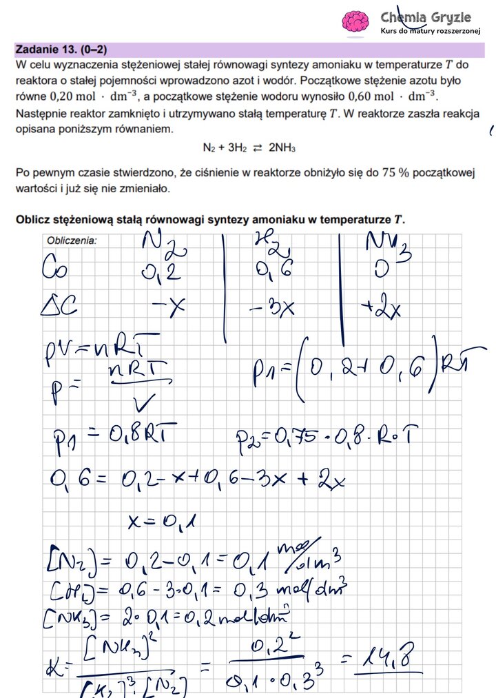 Zadanie maturalne z chemii (13) z obliczeniami stężeniowej stałej równowagi dla syntezy amoniaku w oparciu o dane ciśnieniowe.