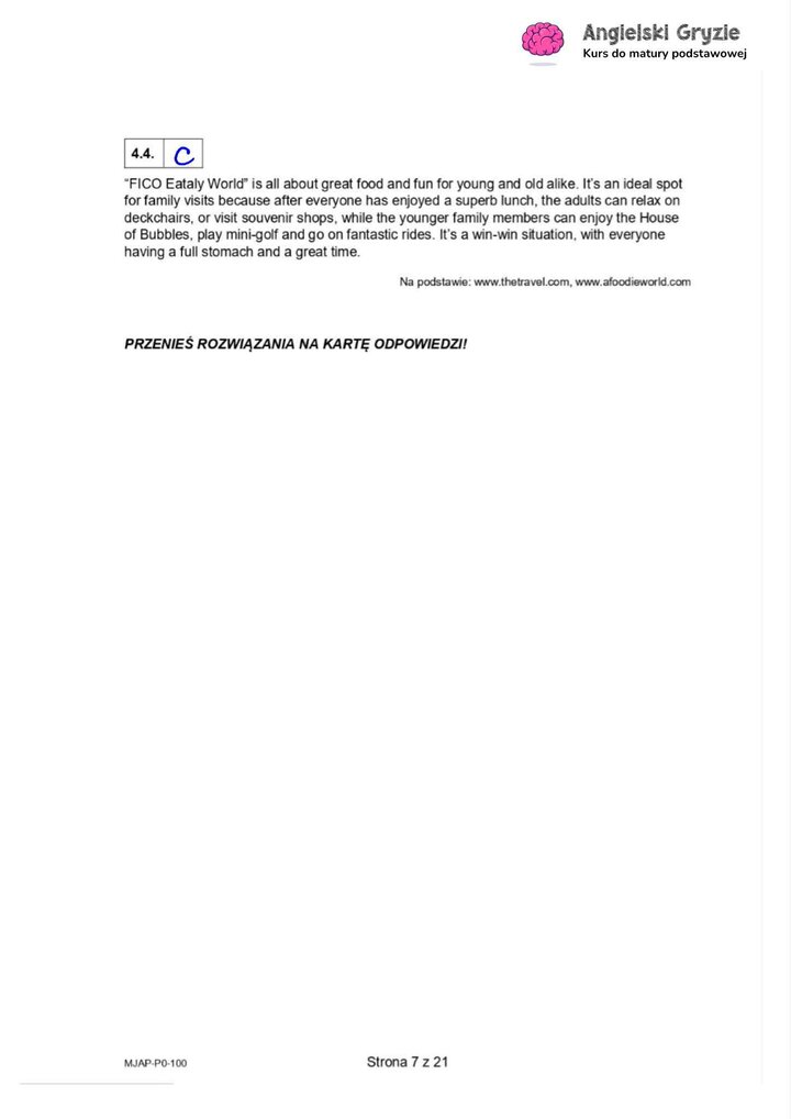 Fragment arkusza maturalnego z języka angielskiego – zadanie na rozumienie tekstu czytanego z pytaniami wielokrotnego wyboru.